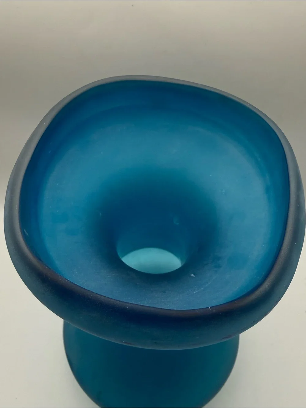 Vintage Frosted Turquoise Blue Art Glass Vase Hand Blown Abstract Form MCM 9